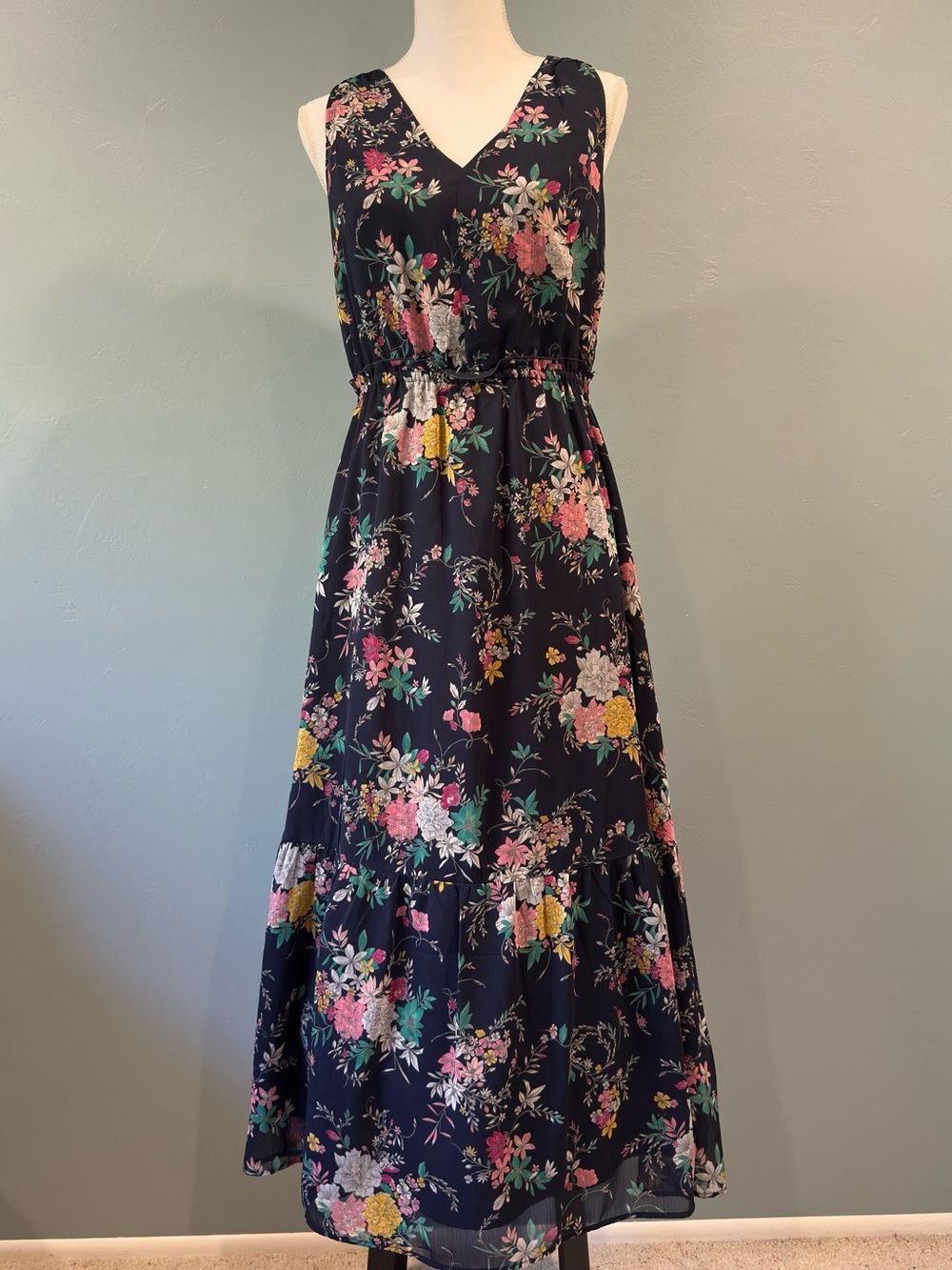 Merona Navy Floral Maxi Dress Sleeveless V-Neck Size S Fits S/M